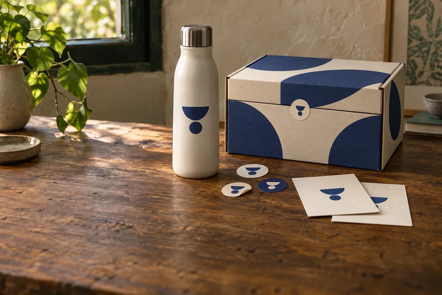 Ejemplo de producto, caja, stickers y tarjetas con una misma identidad de marca